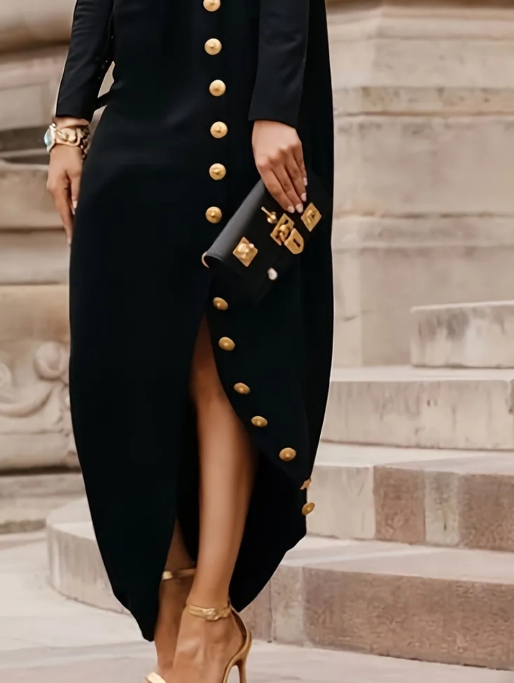 Elegant Black Long-Sleeve Maxi Dress with Gold Buttons - Picture 4 of 4